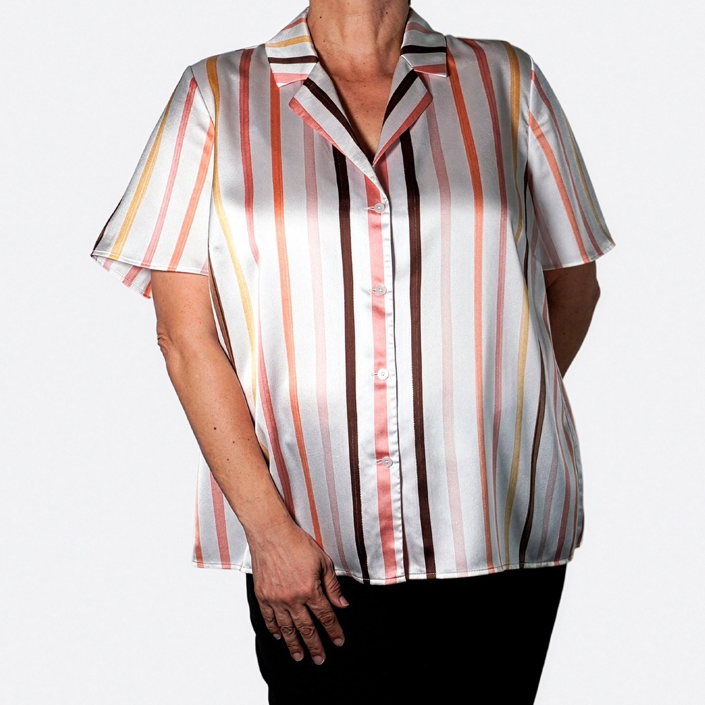 Halogen Striped Button Down Blouse Multi Satin Notch Collar Shirt 1X XL